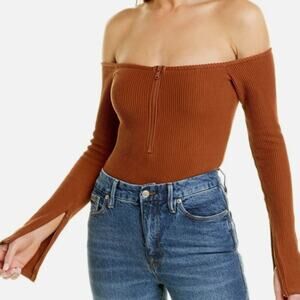 Good American Bodysuit Womens Size 3XL Ribbed Off The Shoulder Zip Up Brown